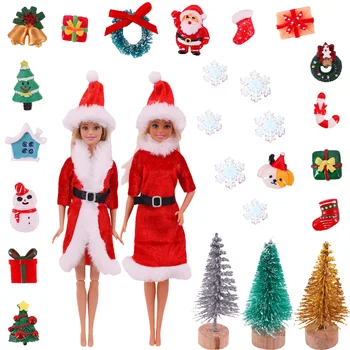 10 Adet Noel Barbie Giysileri Kıyafetler Kırmızı Mini Elbise+ Şapka Barbie 1/6 Bebek Yılbaşı Ağacı Çelenk Kar Tanesi Aksesuarları Oyuncak