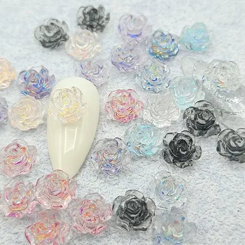 100 Adet / grup Aurora Kamelya Taklidi tırnak mücevheri 3D Akrilik Reçine Çiçekler Tırnak Takılar 6 / 8mm Gül Lehçe Aksesuarları Tırnak Dekor
