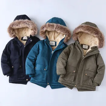2-14Years Bebek Erkek Faux Kürk Yaka Ceket Sıcak Genç Kış Noel Ceket Erkek Giysileri Kalınlaşmış Pamuk Yastıklı Ceket