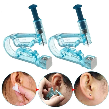 2 Adet Sağlıklı Güvenlik Steril Tek Kullanımlık Vücut Kulak Burun Piercing Tabancası Kulak Delici Aracı Kiti + Paslanmaz Çelik Metal düğme küpe