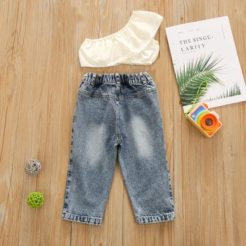 2 ADET yaz giysileri Set Bir omuz Yeni Moda Yürüyor Çocuk Bebek Kız Bir Omuz Tankı Üstleri Delik Kot Pantolon Kot