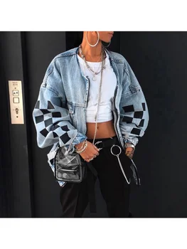 2020 Jean Ceket Kadın Denim Ceketler Sonbahar Kış Gevşek Ekose Fermuar Üstleri Streetwear Hip Hop Coats Ceketler Bayanlar Artı Boyutu 5xl