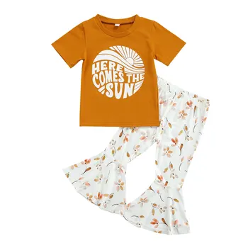2021-04-08 Lioraitiin 2-6Years Toddler Bebek kız T-shirt ve Pantolon Takım Elbise Mektup Kısa kollu Üstleri Çiçek Trompet uzun pantolon
