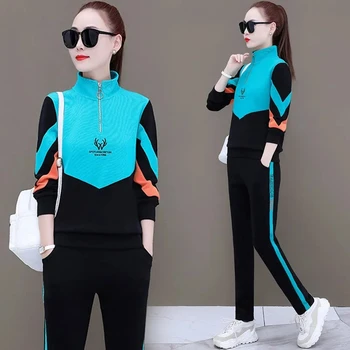 2021 İlkbahar Sonbahar Moda Eşofman İki Parçalı Set Kadın Kıyafeti Kore Gevşek Standı Yaka Kazak Kazak koşu pantolonu takım Elbise