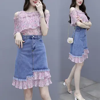 2021 Moda Çiçek Baskı Kadın Seti Yaz Kısa Kollu şifon bluz ve Kot Etek Takım Elbise Zarif Kadın İki Parçalı Setleri W418