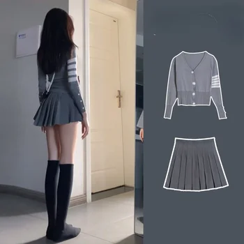 2022 İlkbahar ve Sonbahar Kore Versiyonu Yeni Takım Elbise kadın Uzun kollu Dış Örme Hırka Ceket + Etek İki Parçalı Takım Elbise
