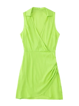 2022 Kadın Kireç Yeşil Tankı Gömlek Elbise Moda Kolsuz Kadın Yan Dantelli Kısa Yaz Elbiseler Vestido Mujer