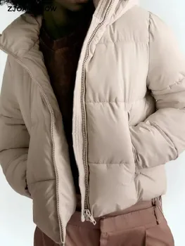 2022 Kış Kahverengi Standı Yaka Kapşonlu Kırpılmış Ekmek Parka Kadın Fermuar Kalmak Sıcak Ceket Kısa Giyim Rahat Ceket