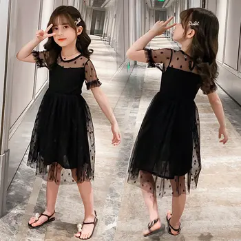 2022 Yeni Varış Yaz Büyüleyici Elbise Klasik Siyah Çocuklar Örgü Elbise Güzel Bebek Prenses Nokta Elbise Kızlar için 4 5 7 9 11 13