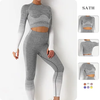 2022new Çizgili kadın Yoga Setleri Anti-Shrink Uzun kollu Spor Üst Seksi Kalça Kaldırma Kalça Sıkı Tayt Degrade Renk Takım Elbise