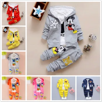 3 adet / takım Erkek Kız Elbise Bebek Karikatür Mickey Mouse Ayı kapüşonlu ceket + T-shirt + Pantolon Çocuk Spor Takım Elbise Çocuk Giyim Eşofman