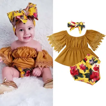 3 ADET Yenidoğan Çocuklar Bebek Kız Giysileri Off-Omuz Üstleri Elbise Çiçek Şort Kafa Bandı Kıyafet Bebek Yaz Giyim 0-5T