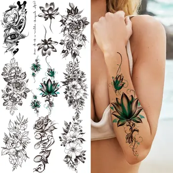 3D Lotus Zincirleri Geçici Dövme Kız Kadınlar İçin Siyah Üçgen Göz Çiçek Dövmeler Sticker Sahte Şakayık Orkide Gül Dövmeler Kol Geri