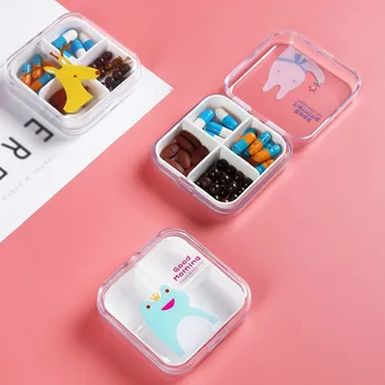 4 İzgaralar Şeffaf Hap Kutusu Sevimli Karikatür Mini Depolama Tıp Hap Kutuları Taşınabilir Boş Plastik Tıp Hap saklama kutusu