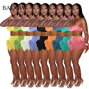 9 Renk Tüy Saçak Patchwork Şort ve Kırpma Üst İki Parçalı Set Yaz Streetwear Kadınlar Seksi Bodycon Eşofman Parti Kıyafetleri