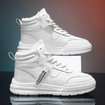 Adam Kış Sıcak Peluş Beyaz Kar Botları Erkekler Yüksek Top Sneakers Siyah Eğitmenler Açık Yürüyüş Rahat Spor pamuklu ayakkabılar