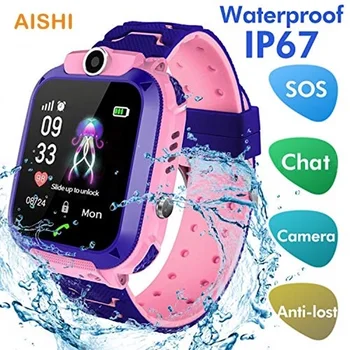 AİSHİ Q12 Çocuklar SOS Kamera Telefon 2G SIM Kart Sesli Arama LBS Yer Çocuk Saat Smartwatches IP67 su Geçirmez Hediye Akıllı İzle 