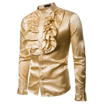 Altın İpek Saten Gömlek Erkekler 2023 Moda Vintage Düğün Smokin Gömlek Erkek Uzun Kollu Slim Fit Gömlek Camisa Sosyal Masculina XXL