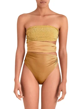Altın Straplez Tüp Üst Zarif Bikini İçi Boş Tek Parça Mayo Yüksek Bel Aç Geri Seksi Toplanan Mayo Push-Up 2022