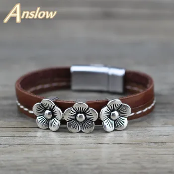 Anslow Marka moda takı Trendy Retro Vintage Çiçek Şanslı Deri Bilezik Kadın Erkek Dostluk Çiftlerin Hediye LOW0695LB