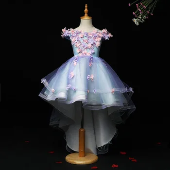 Açık Mavi Tül Prenses balo elbisesi Düğün Tutu Elbise Kız Boncuk Aplikler Parti Çiçek Kız Elbise Firar Balo Abiye
