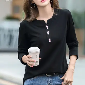 Bahar Moda %100 % pamuklu uzun kollu tişört T Shirt Kadın Gevşek V Yaka Kore Tarzı Shirt Üst