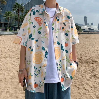 Baskı erkek Gömlek Yaz İnce Kısa Kollu Hırka Üstleri Rahat Baggy Plaj Bluzlar Kore Moda Erkek Y2K Giysileri Büyük Boy