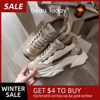 BeauToday Platformu Sneakers Kadın Süet Deri Patchwork Kumaş Yuvarlak Ayak Karışık Renk Dantel-Up Tıknaz Taban Bayanlar Eğitmenler 29430