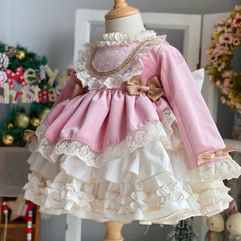 Bebek Kız Elbise İlkbahar Sonbahar Vintage İspanyol Ponpon Balo Prenses Lolita Elbise Çocuklar için Kız Noel Doğum Günü Elbise