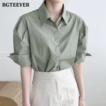 BGTEEVER Zarif Turn-aşağı Yaka Bayanlar Katı Bluz Gömlek 2021 Yaz Tek göğüslü Gevşek Kadın Gömlek Bayanlar Tops