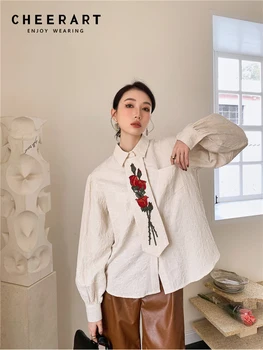 CHEERART Doku Nakış Gül Vintage Uzun Kollu Gömlek Kadınlar İçin 2022 Sonbahar Moda Fener Kollu Üst Ve Bluz Tasarımcı