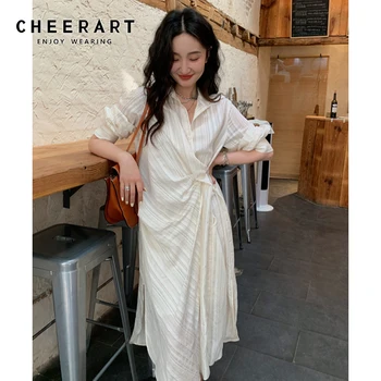 CHEERART İlginç Kore Moda Çizgili Tasarımcı uzun elbise Kadınlar Uzun Kollu Düğme Yaka Midi Gömlek Elbise yaz giysileri 2021