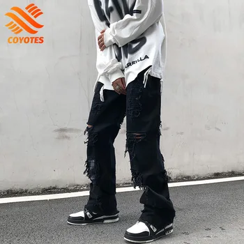 COYOTES Yüksek Sokak Ham Kenar Yırtık Kot Erkek Pantolon Siyah Moda Rahat Düz Bacaklar Kot Japon Hip Hop Denim Pantolon