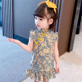 Cultiseed Bebek Kız Vintage Çin Tarzı Cheongsam Qipao Elbise Giyim Çocuk Çocuklar Sevimli Tatlı Çiçek Baskı Ruffles Abiye