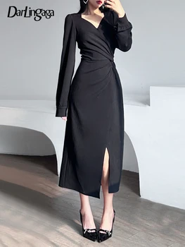 Darlingaga Asimetrik Moda Kıvrımlar Siyah Zarif Elbise Kadın Katı Kore Giyim Twisted Bölünmüş Sonbahar Uzun Elbiseler Clubwear