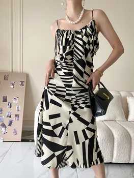 DASSWEI Kadın Şifon Baskılı Spagetti kemerli elbise Zarif 2022 Yaz Backless Kolsuz Midi Elbiseler Kadın Plaj Vestidos