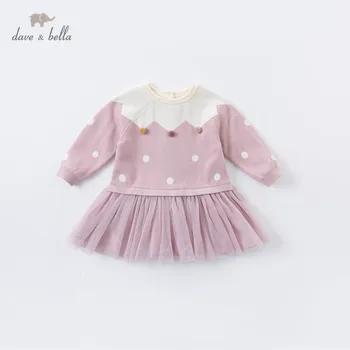 DBZ15306 dave bella sonbahar bebek kız sevimli top nokta örgü kazak elbise çocuk moda parti elbise çocuk bebek lolita giysileri