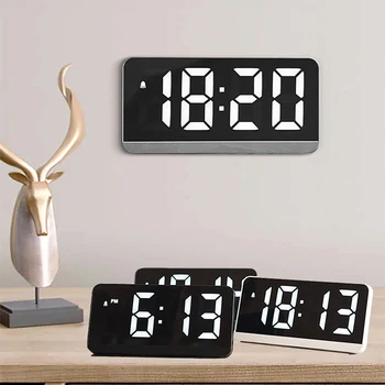 Dijital duvar saati Masa saat ev dekoru LED Ayna çalar saat Zaman / Tarih / Sıcaklık Göstergesi Ses Kontrolü Erteleme Fonksiyonu