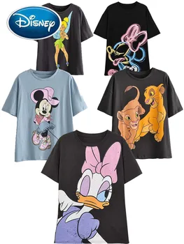 Disney T-Shirt Mickey Mouse Papatya Ördek Karikatür Baskı Kadın Pamuklu kısa kollu t-shirt Streetwear O-boyun Kazak Gevşek Tee Tops
