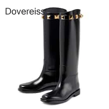 Dovereiss 2022 Moda Bayan Botları Kış Daireler Seksi Zarif Çizmeler Yeni Perçinler Flats Diz Yüksek Çizmeler Büyük Boy 41 42 43 44 45 46