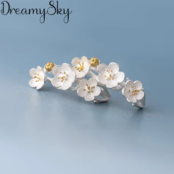 DreamySky 100 % Gerçek Gümüş Renk Takı sevimli kore Erik Çiçek Küpe Kadınlar İçin Bijoux Bildirimi Brincos Pendientes
