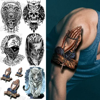 Dua Çapraz Mektup Geçici Dövmeler Erkekler Kadınlar İçin Gerçekçi Palyaço Kafatası Kaplan Totem Dövme Etiket Kol Vücut Dövmeler 3D Buda