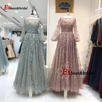 Dubai Arapça Akşam gece elbisesi Kadınlar için 2022 Tam Dantel Uzun Parlama Kollu Aline O-boyun Örgün Balo Düğün Törenlerinde