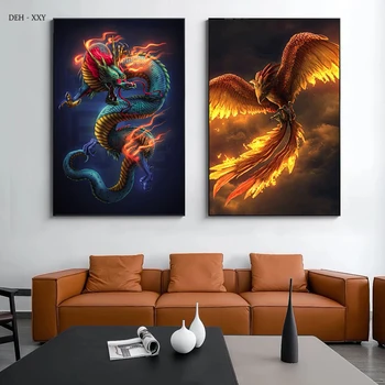 Duvar sanatı tuval yağlıboya Ejderha ve Phoenix Posterler Soyut Hayvan Duvar Sanatı Resimleri ıçin Ev Oturma Odası Dekorasyon Duvar