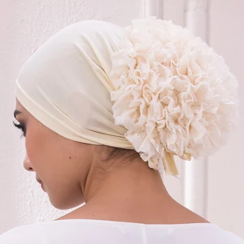 Düz Süt İpek Dantel Çiçek Türban Şapka Kadınlar için Müslüman Streç Kap Dubai Arap kadın çiçekli şapka Türban Bere 2022 Moda Yeni