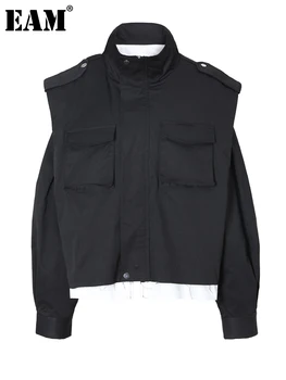 [EEM] Gevşek Fit Siyah Renk blok Cepler Ceket Takım Elbise Yeni Yaka Uzun Kollu Kadın Ceket Moda Gelgit Bahar Sonbahar 2023 1DF3510