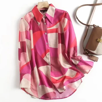 Elmsk 2022 Vintage Geometrik Sonbahar Bluz Kadınlar Baskı Yüksek Sokak Casual Gömlek Tops