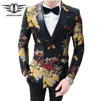 Erkek Moda Altın Çiçek Baskılı Blazers Kruvaze Blazer Erkekler 2019 Zarif Casual Blazer Erkekler İçin Düğün Balo Elbise Q782