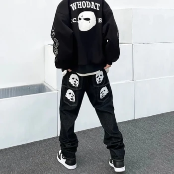 Erkek Moda Rahat Düz Gevşek Esneklik Denim Pantolon Dsq2 Marka Sokak Hip Hop Punk Baskı Geniş bacak Kot