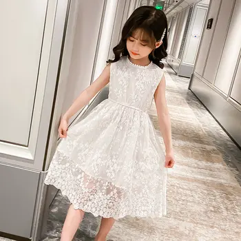 Genç Kız Prenses Elbise 2021 Yaz Kolsuz Beyaz Çiçek Elbise Çocuklar Kızlar için Elbiseler Giysileri Çocuk Kostüm 12 13 yıl